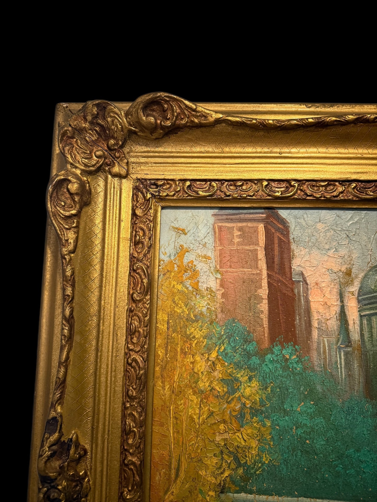 Exceptional European Oil Painting – Signed, 20th Century, Hand-Carved Frame tableaux