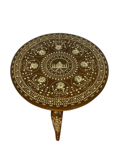 Exceptional Antique Indian Hand-Carved Side Table in Taj Mahal Style with Natural Ivory Inlay