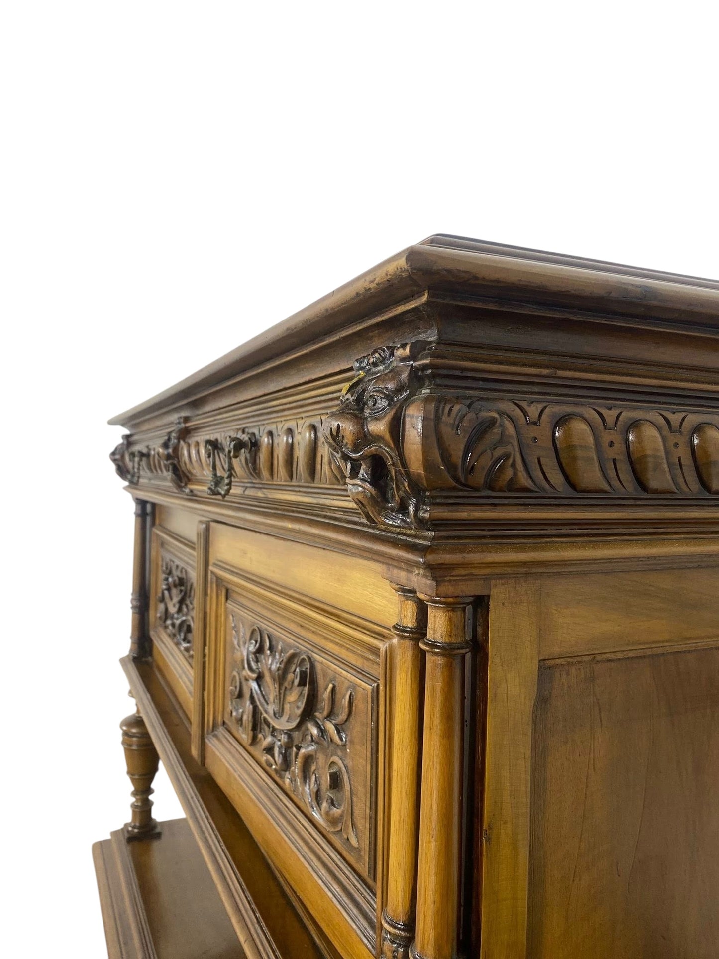 “Original 19th Century French Buffets – Matching Pair, Solid Oak with Hand-Carved Lion Heads”