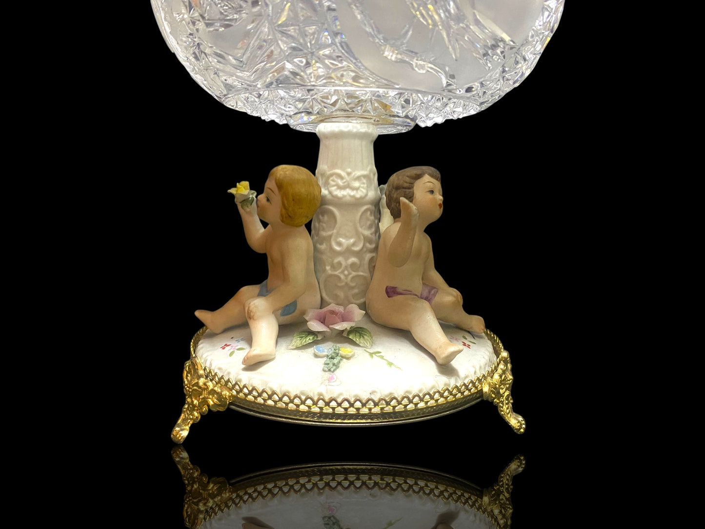 Antique Italian Bonbonniere with Lid — Hand-Engraved Czech Crystal and Capodimonte Porcelain Figures