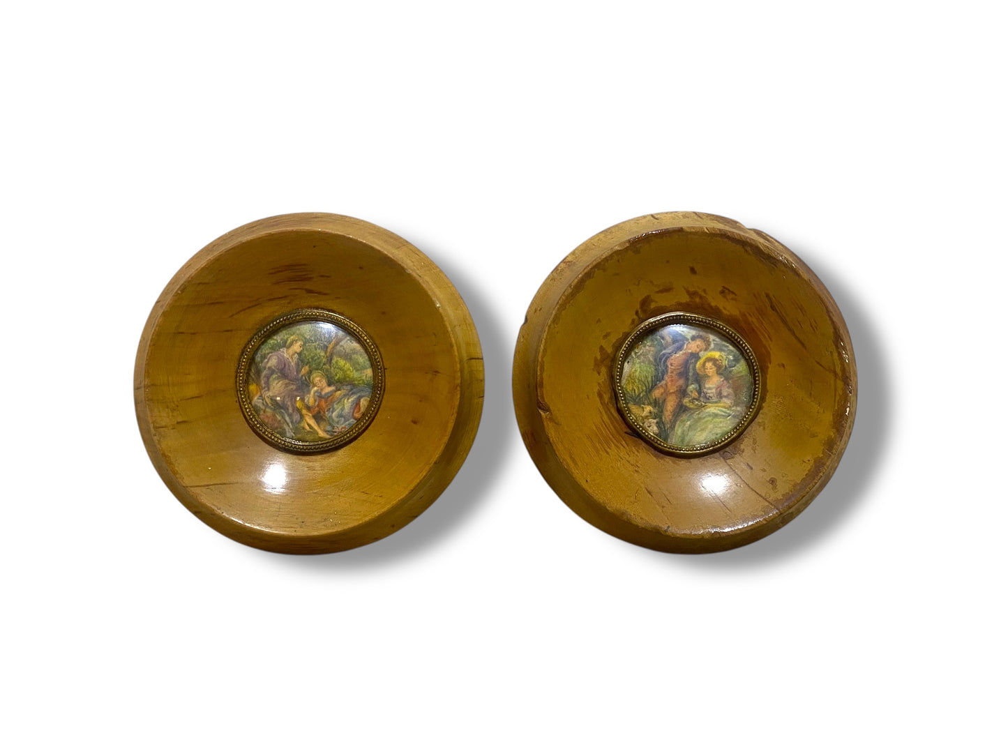 Set of 2 Original French Antique Miniatures — Hand-Painted in Oil with Solid Oak Frames