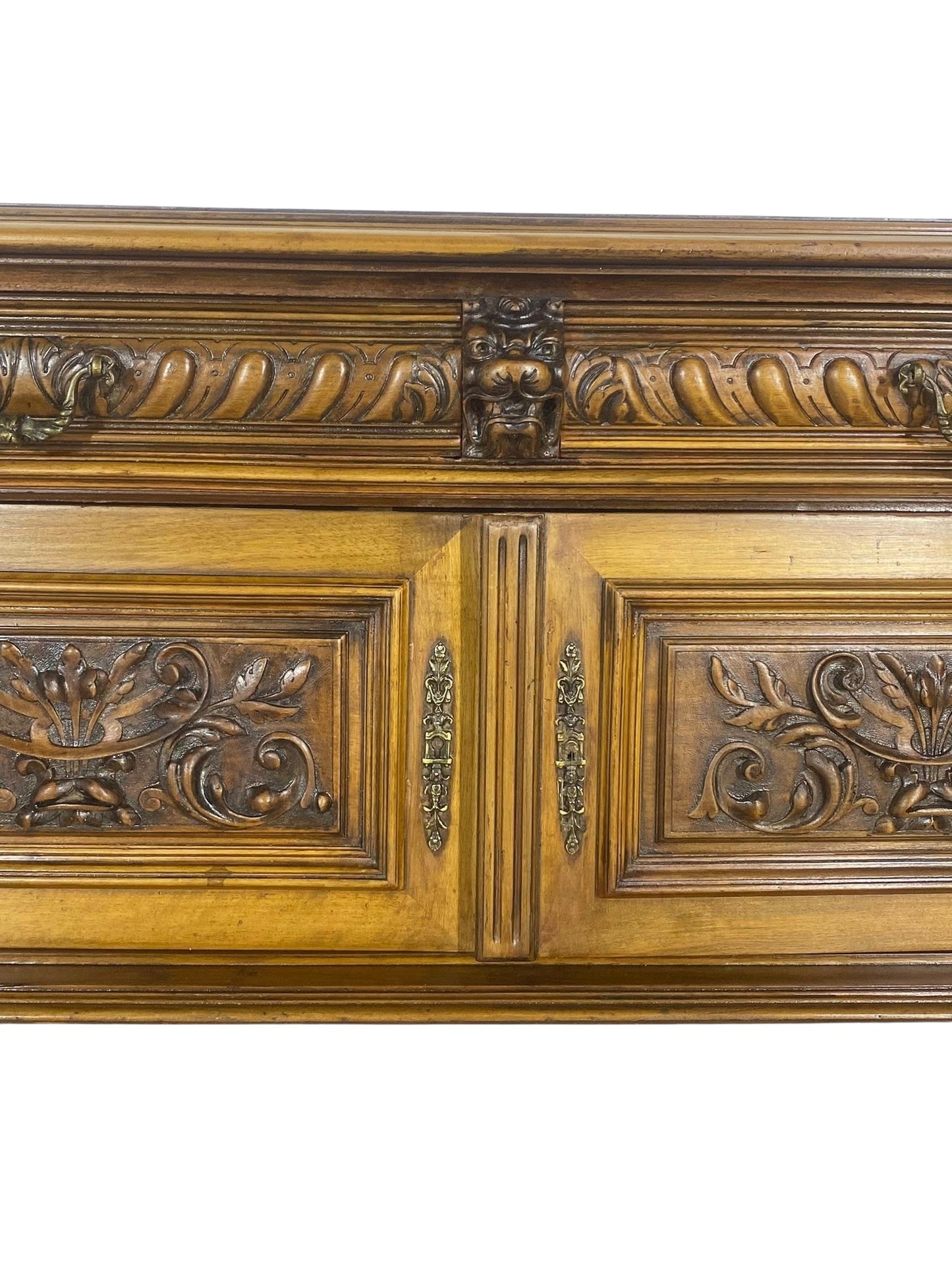 “Original 19th Century French Buffets – Matching Pair, Solid Oak with Hand-Carved Lion Heads”