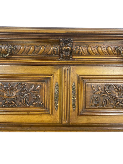 “Original 19th Century French Buffets – Matching Pair, Solid Oak with Hand-Carved Lion Heads”