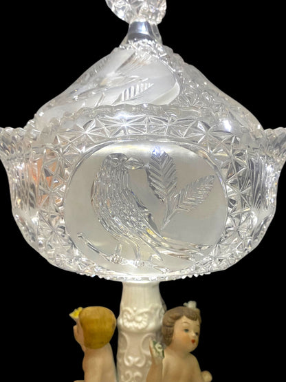 Antique Italian Bonbonniere with Lid — Hand-Engraved Czech Crystal and Capodimonte Porcelain Figures