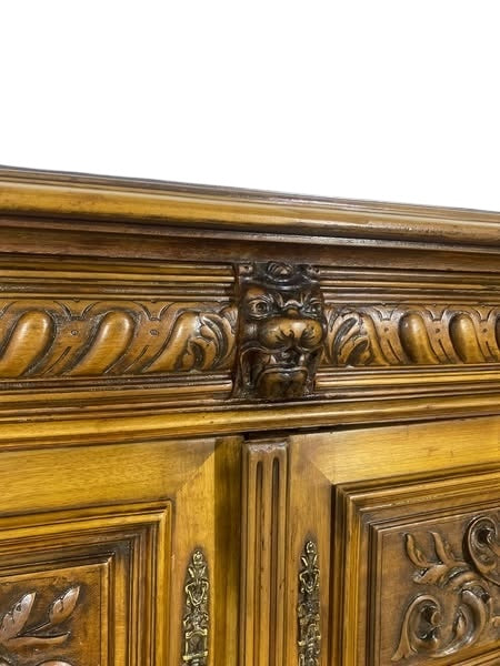 “Original 19th Century French Buffets – Matching Pair, Solid Oak with Hand-Carved Lion Heads”