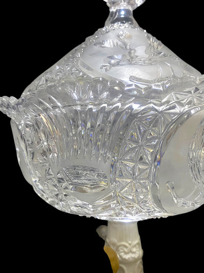 Antique Italian Bonbonniere with Lid — Hand-Engraved Czech Crystal and Capodimonte Porcelain Figures