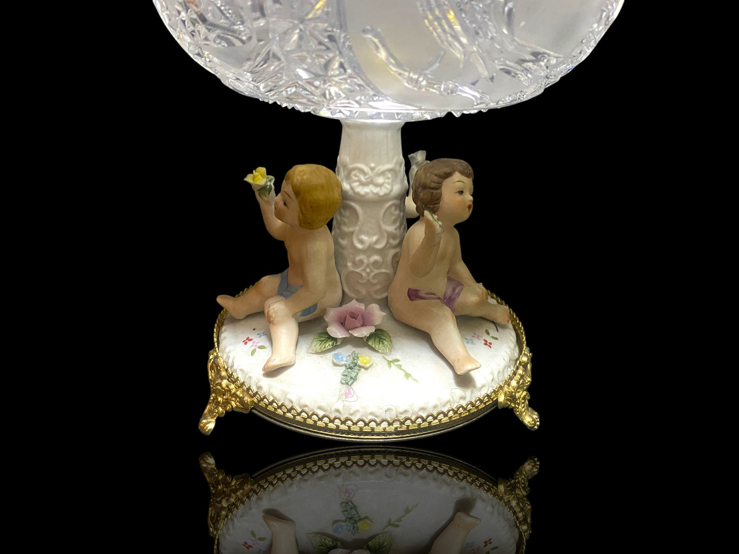 Antique Italian Bonbonniere with Lid — Hand-Engraved Czech Crystal and Capodimonte Porcelain Figures