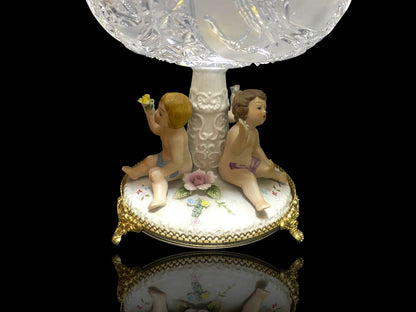 Antique Italian Bonbonniere with Lid — Hand-Engraved Czech Crystal and Capodimonte Porcelain Figures