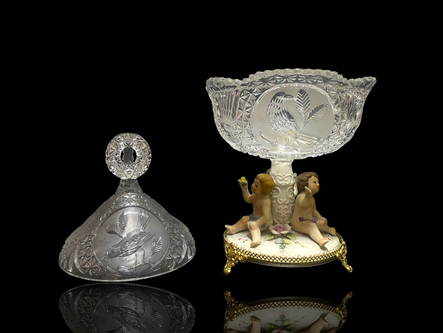 Antique Italian Bonbonniere with Lid — Hand-Engraved Czech Crystal and Capodimonte Porcelain Figures