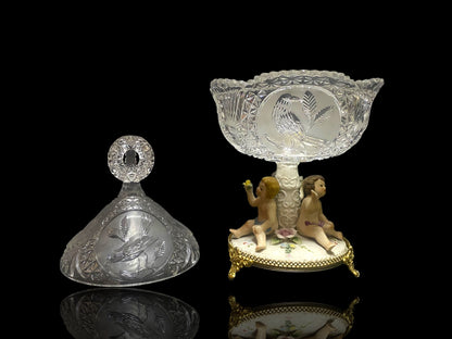 Antique Italian Bonbonniere with Lid — Hand-Engraved Czech Crystal and Capodimonte Porcelain Figures