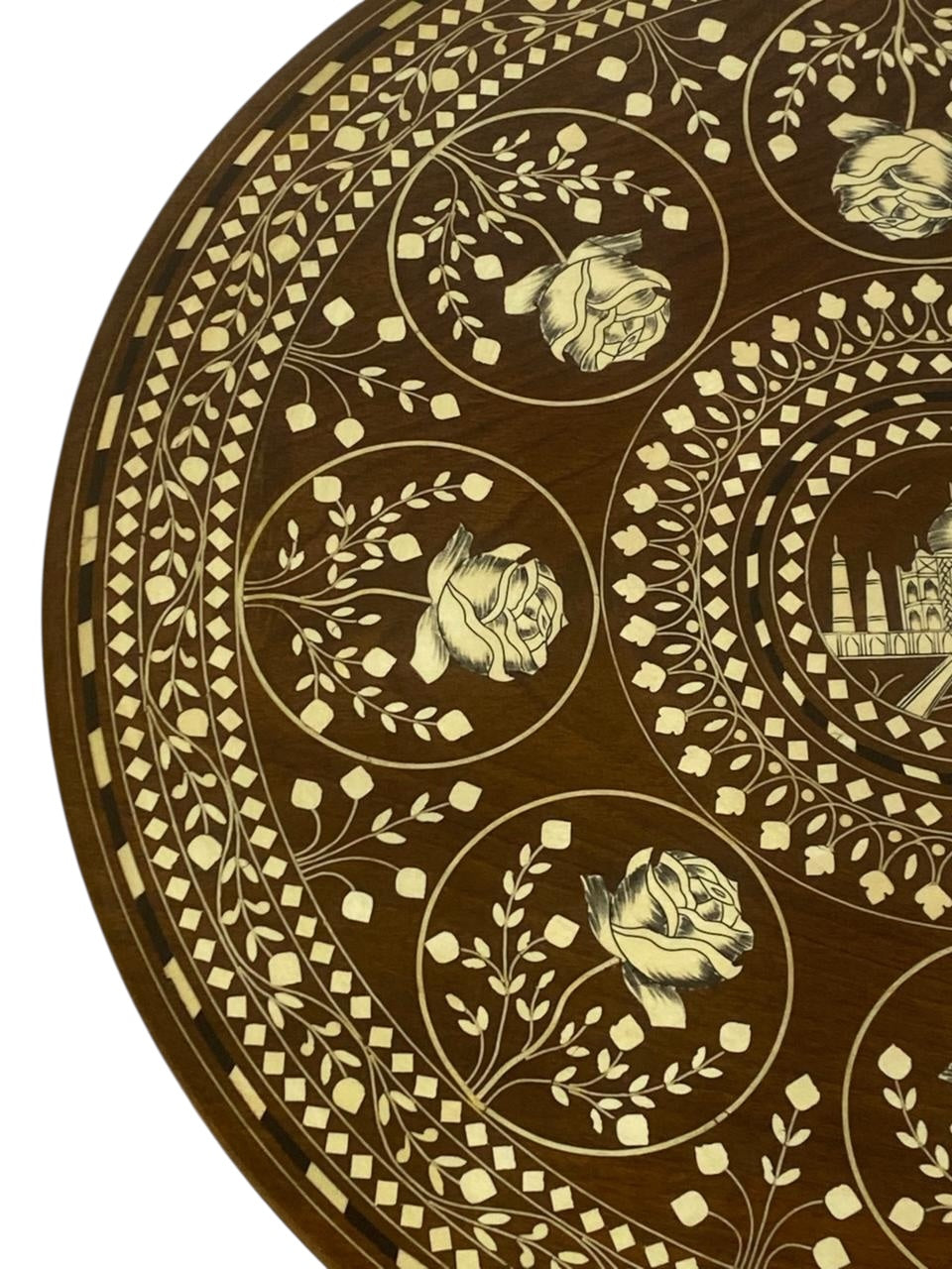 Exceptional Antique Indian Hand-Carved Side Table in Taj Mahal Style with Natural Ivory Inlay