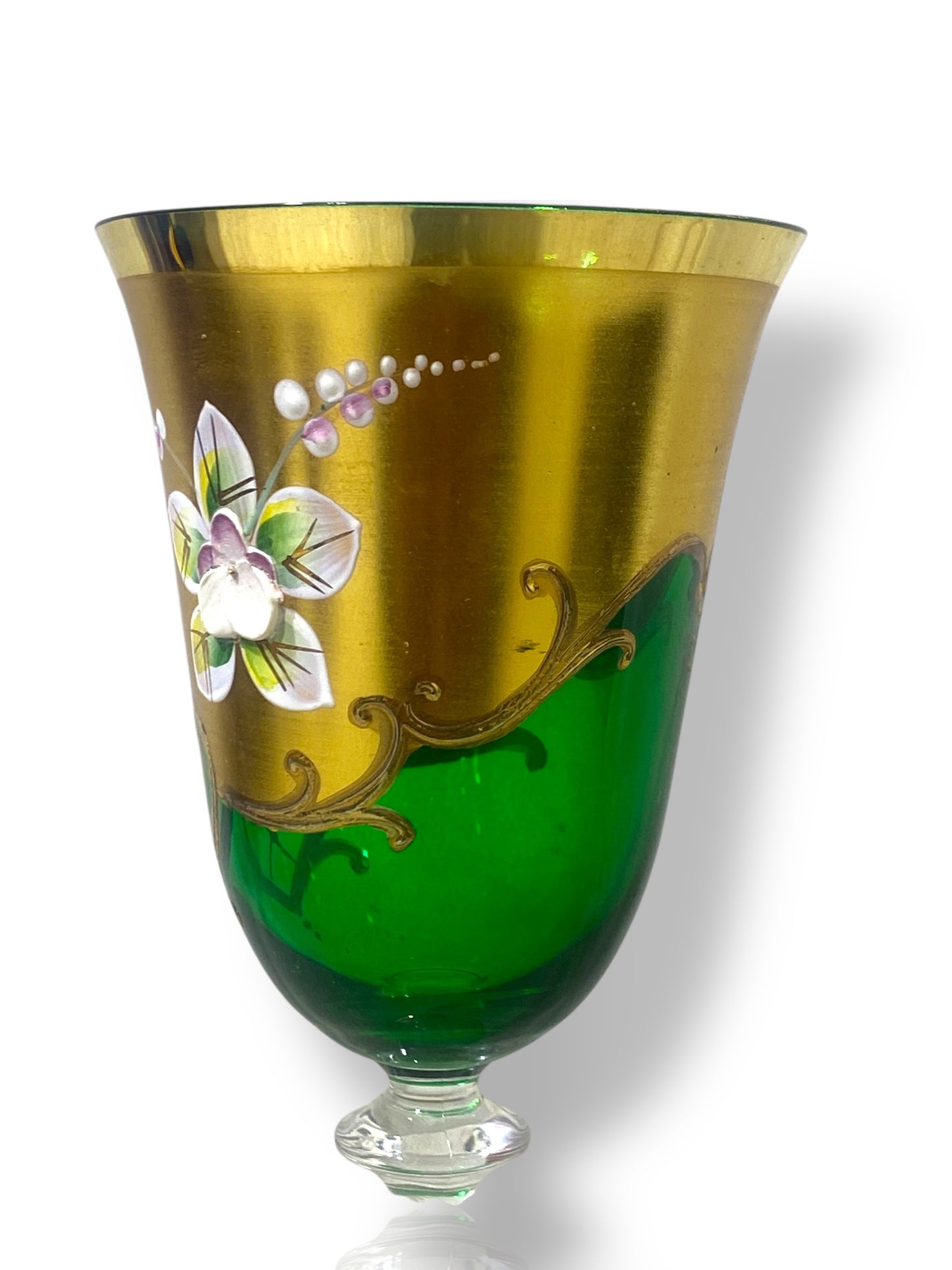 Rare Antique Bohemian Czech Crystal Set — 5 Green Glasses, Hand-Painted 24k Gold, Original Box, Floral Biscuit Relief