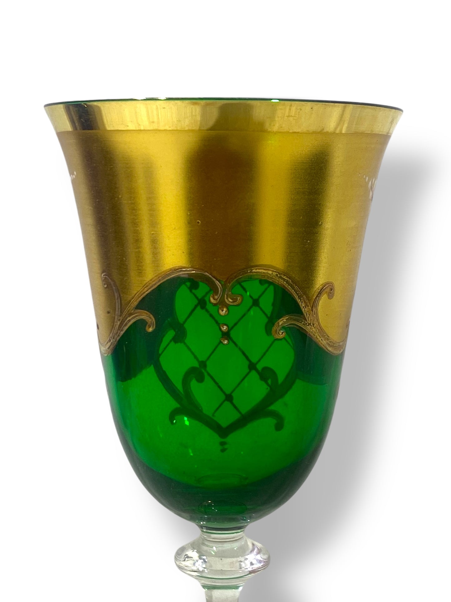 Rare Antique Bohemian Czech Crystal Set — 5 Green Glasses, Hand-Painted 24k Gold, Original Box, Floral Biscuit Relief