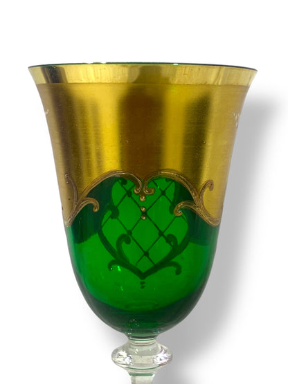 Rare Antique Bohemian Czech Crystal Set — 5 Green Glasses, Hand-Painted 24k Gold, Original Box, Floral Biscuit Relief