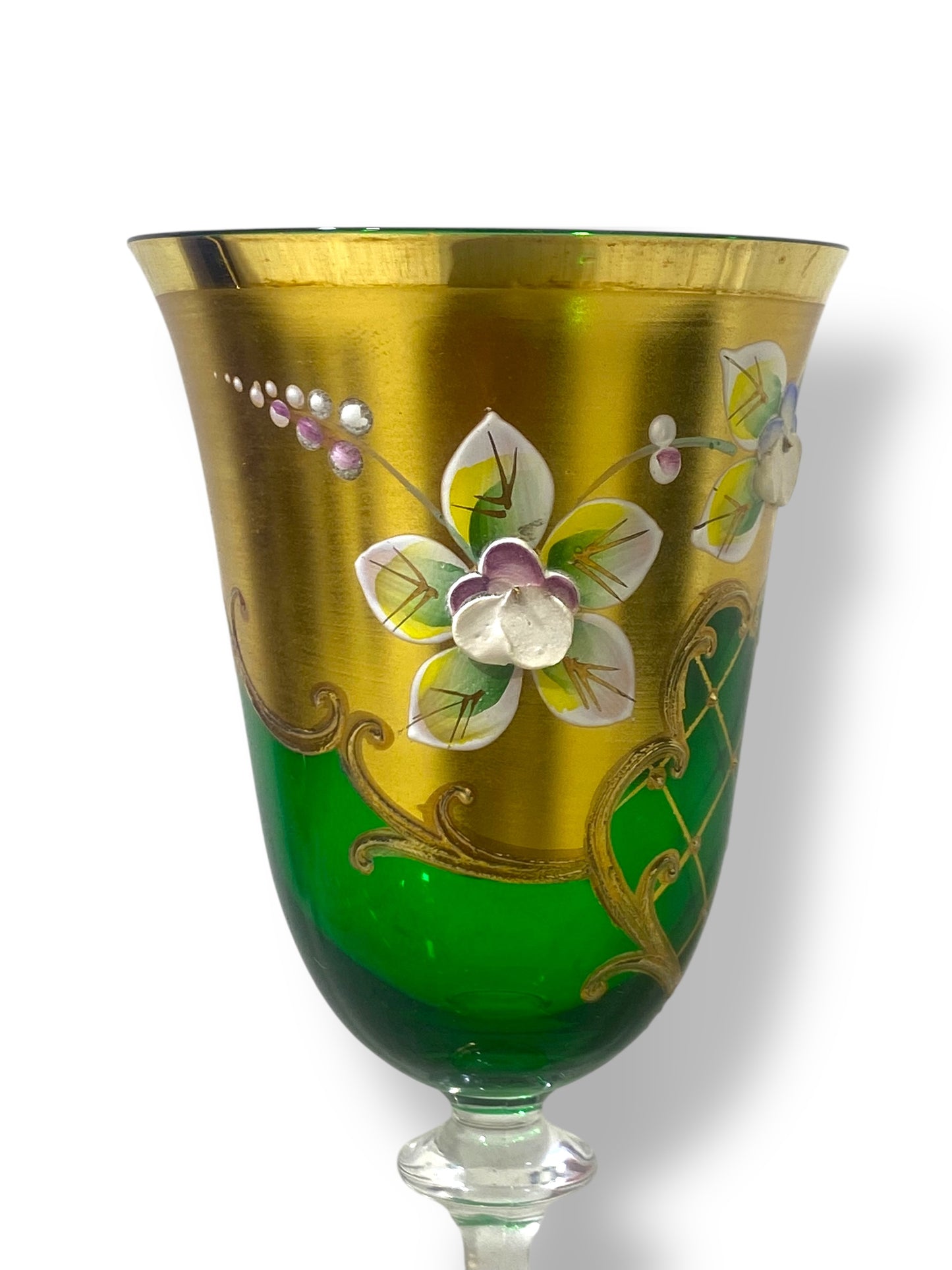 Rare Antique Bohemian Czech Crystal Set — 5 Green Glasses, Hand-Painted 24k Gold, Original Box, Floral Biscuit Relief