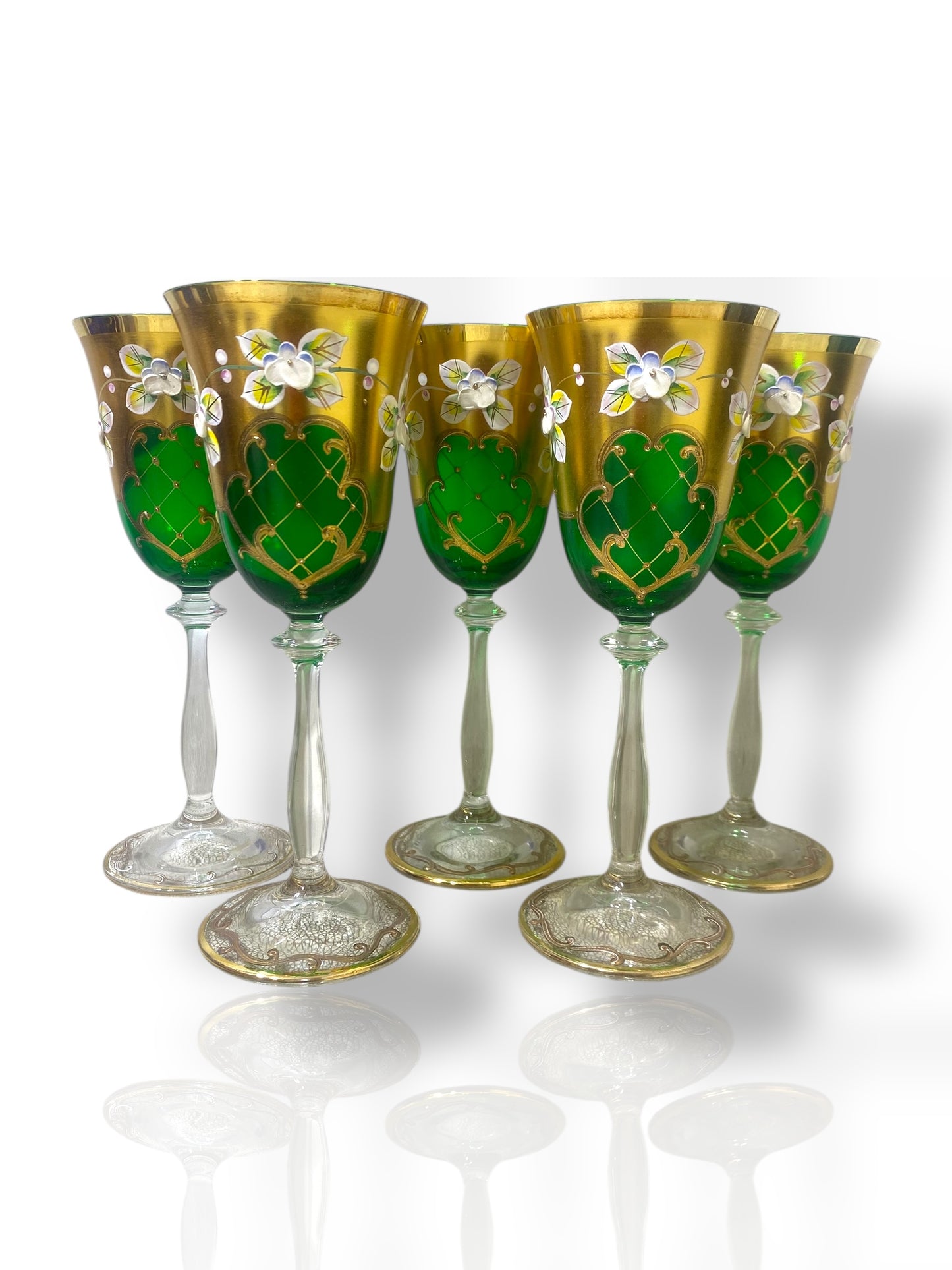 Rare Antique Bohemian Czech Crystal Set — 5 Green Glasses, Hand-Painted 24k Gold, Original Box, Floral Biscuit Relief