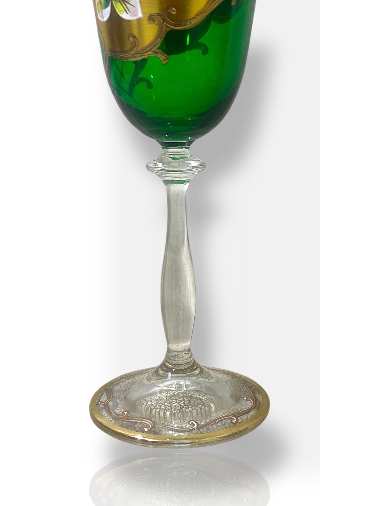 Rare Antique Bohemian Czech Crystal Set — 5 Green Glasses, Hand-Painted 24k Gold, Original Box, Floral Biscuit Relief