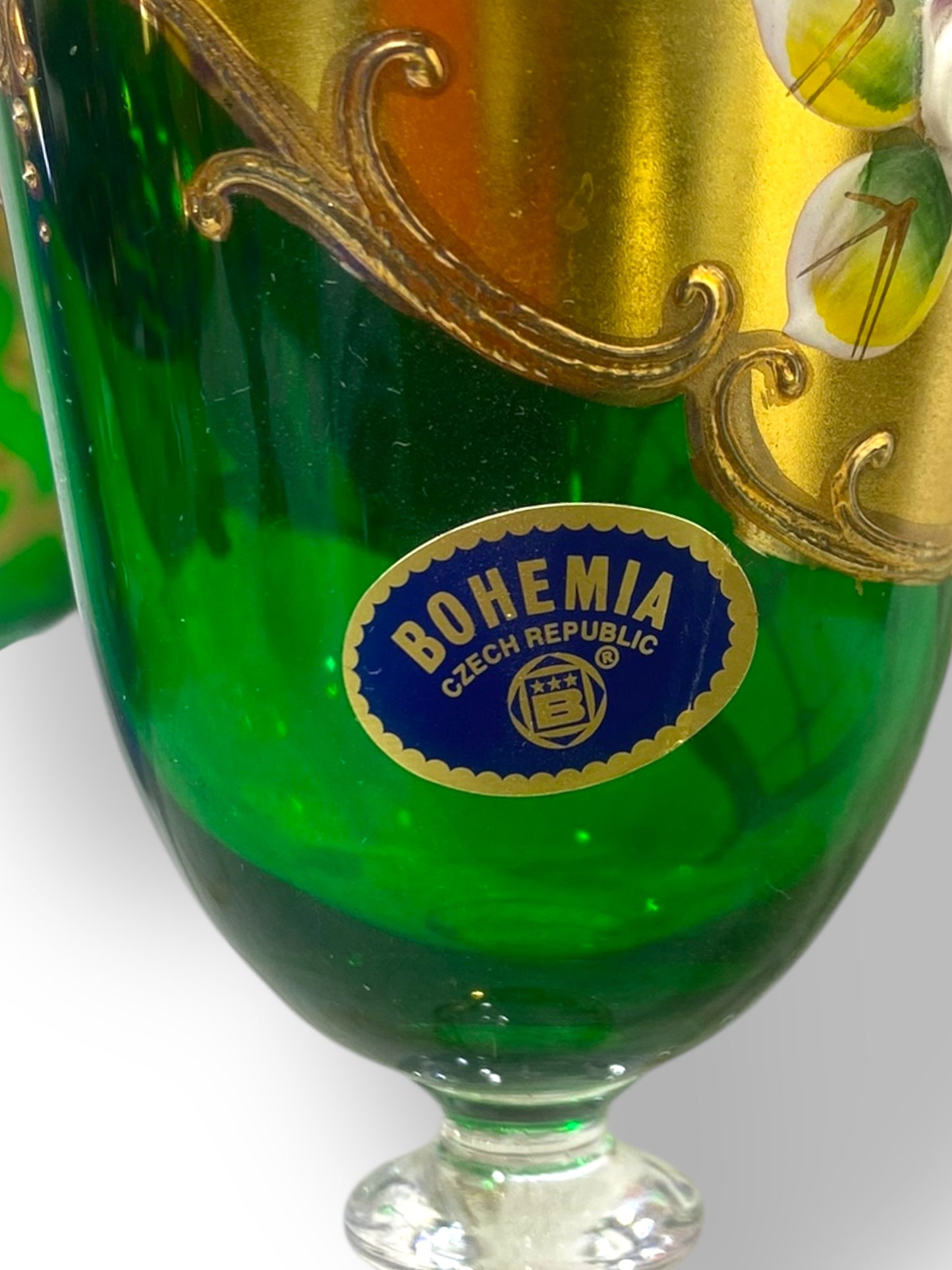 Rare Antique Bohemian Czech Crystal Set — 5 Green Glasses, Hand-Painted 24k Gold, Original Box, Floral Biscuit Relief