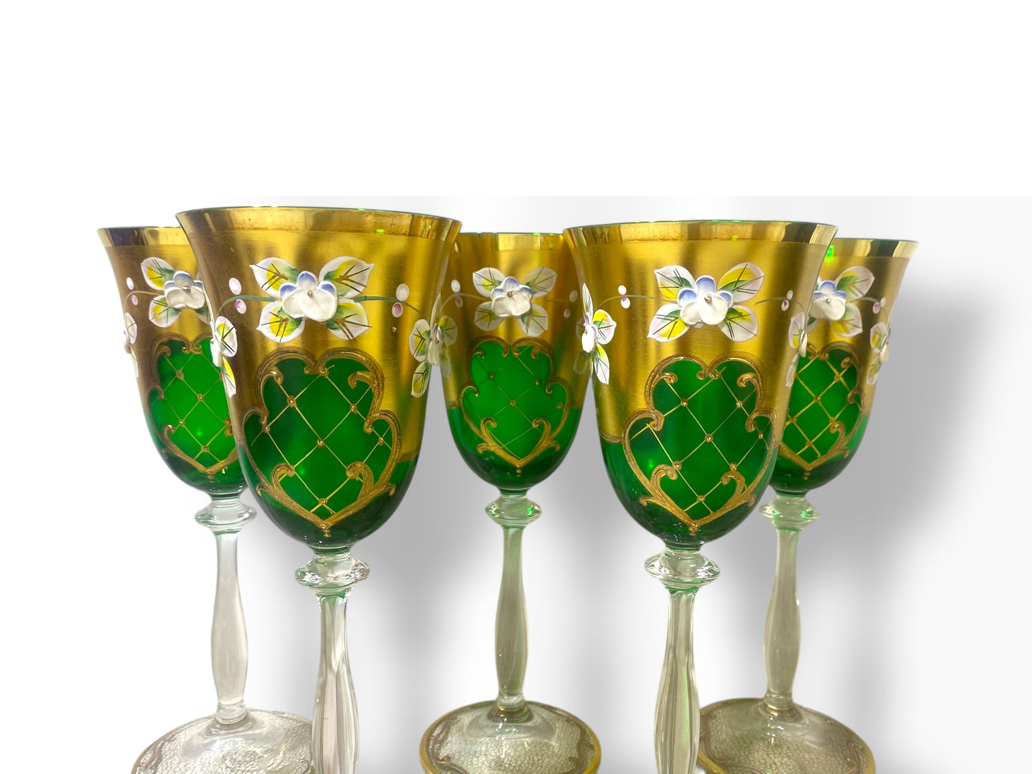 Rare Antique Bohemian Czech Crystal Set — 5 Green Glasses, Hand-Painted 24k Gold, Original Box, Floral Biscuit Relief