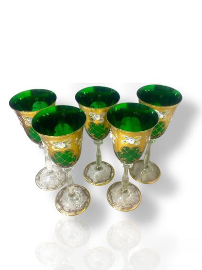 Rare Antique Bohemian Czech Crystal Set — 5 Green Glasses, Hand-Painted 24k Gold, Original Box, Floral Biscuit Relief