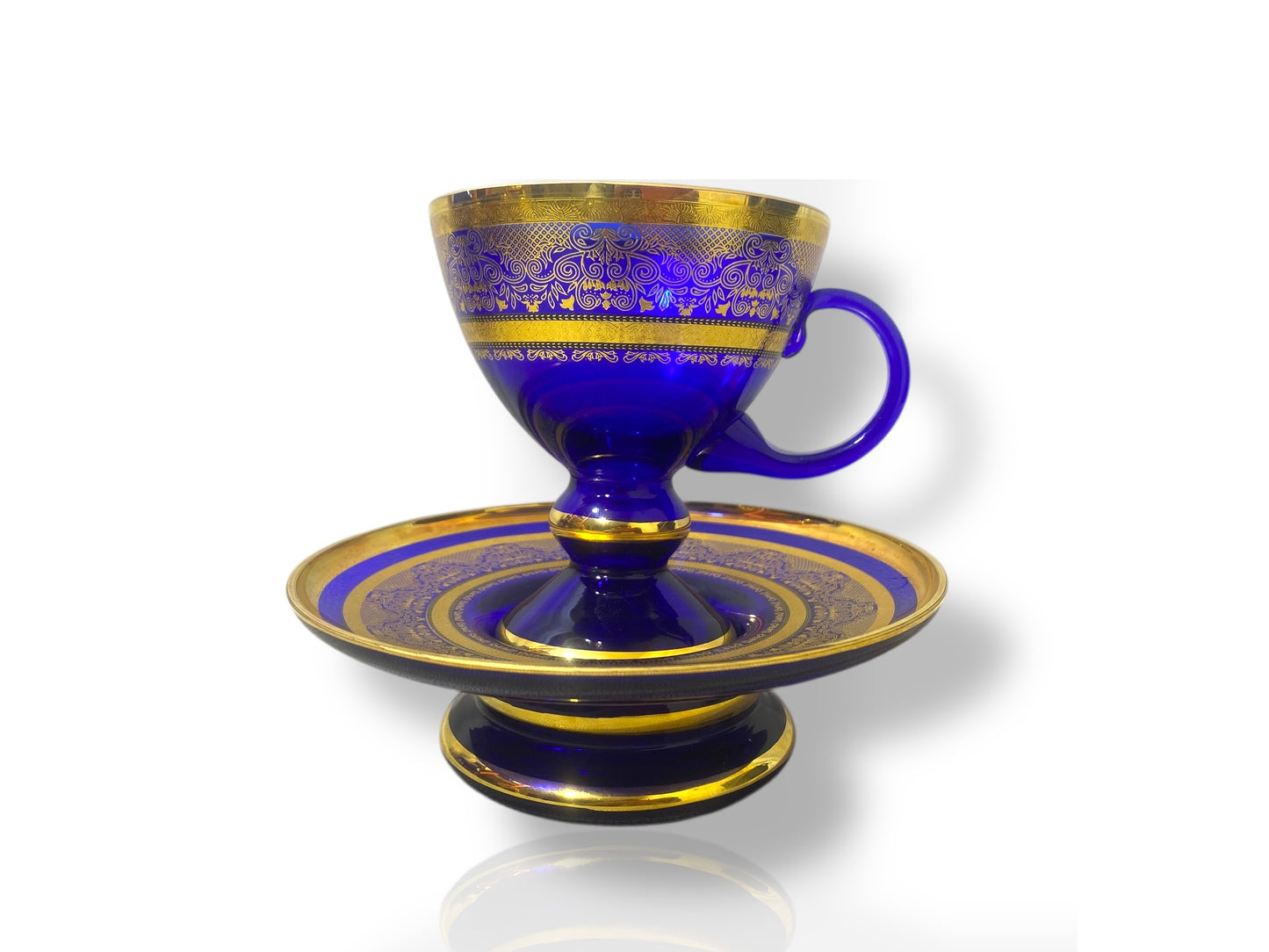 Rare Antique Bohemian Czech Cobalt Blue Crystal Tea Set — Hand-Painted 24k Gold, Original Box, Early 1900s