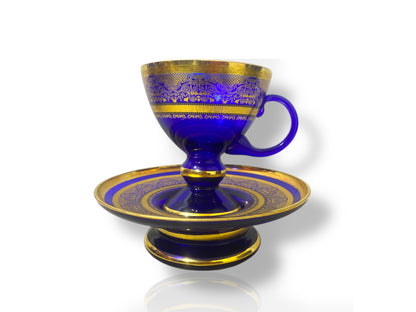 Rare Antique Bohemian Czech Cobalt Blue Crystal Tea Set — Hand-Painted 24k Gold, Original Box, Early 1900s