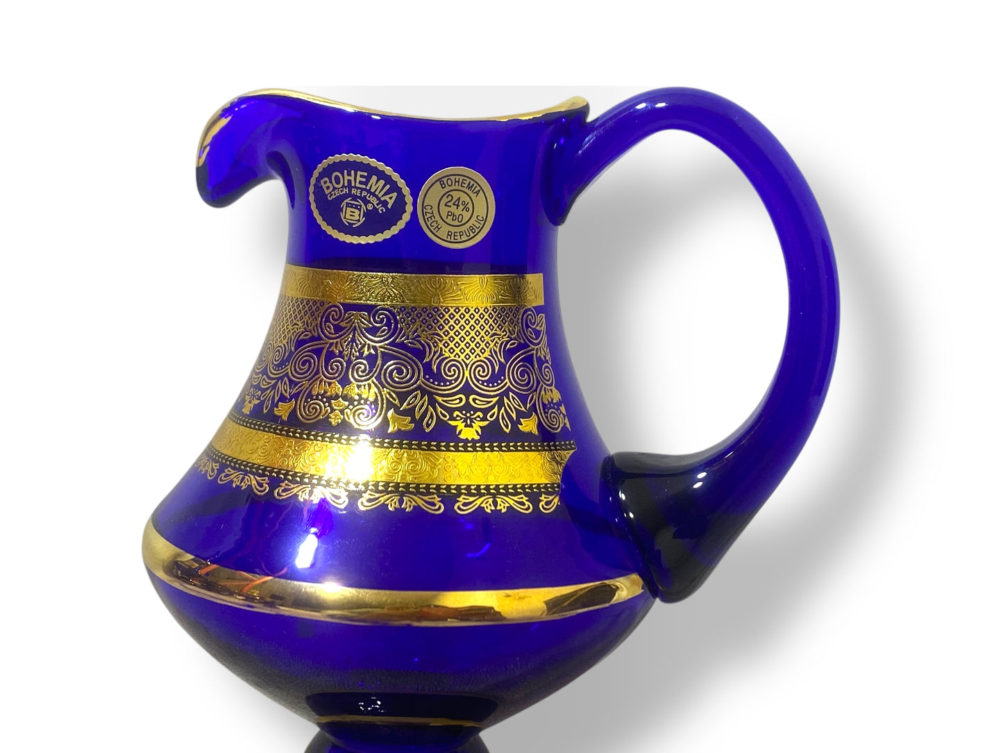 Rare Antique Bohemian Czech Cobalt Blue Crystal Tea Set — Hand-Painted 24k Gold, Original Box, Early 1900s