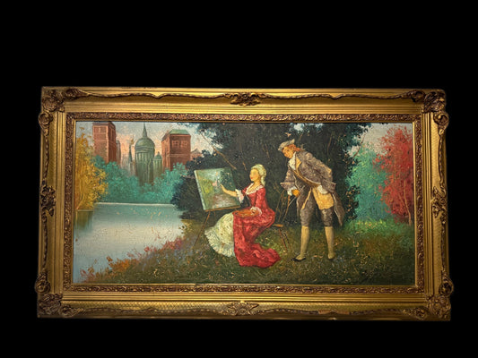 Exceptional European Oil Painting – Signed, 20th Century, Hand-Carved Frame tableaux