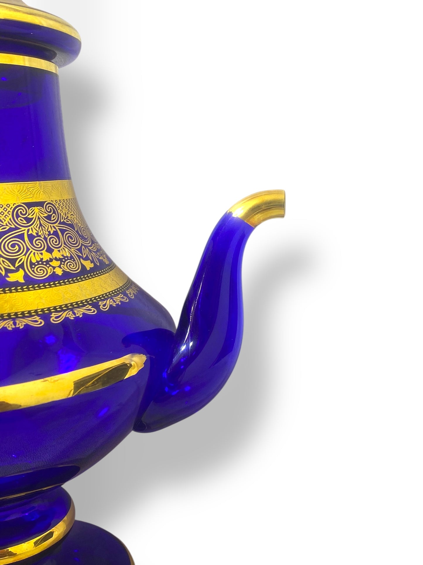 Rare Antique Bohemian Czech Cobalt Blue Crystal Tea Set — Hand-Painted 24k Gold, Original Box, Early 1900s