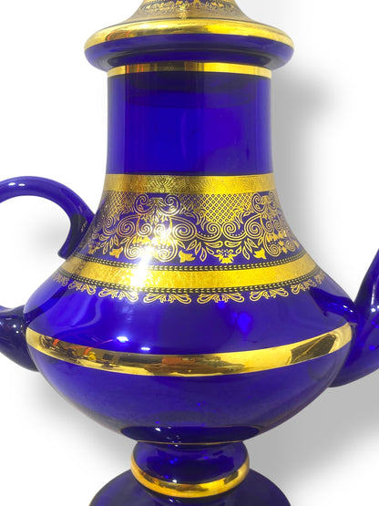 Rare Antique Bohemian Czech Cobalt Blue Crystal Tea Set — Hand-Painted 24k Gold, Original Box, Early 1900s