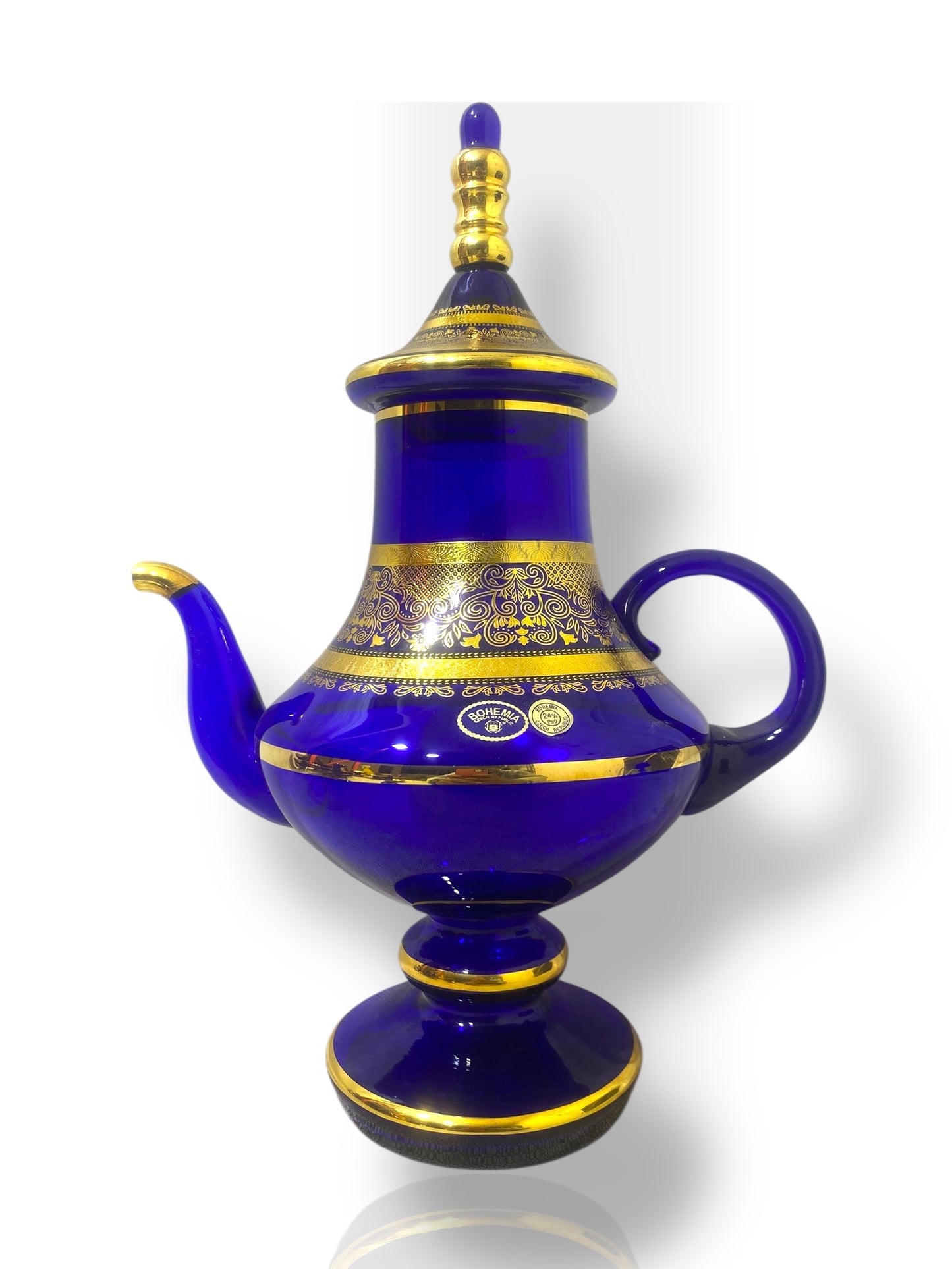 Rare Antique Bohemian Czech Cobalt Blue Crystal Tea Set — Hand-Painted 24k Gold, Original Box, Early 1900s