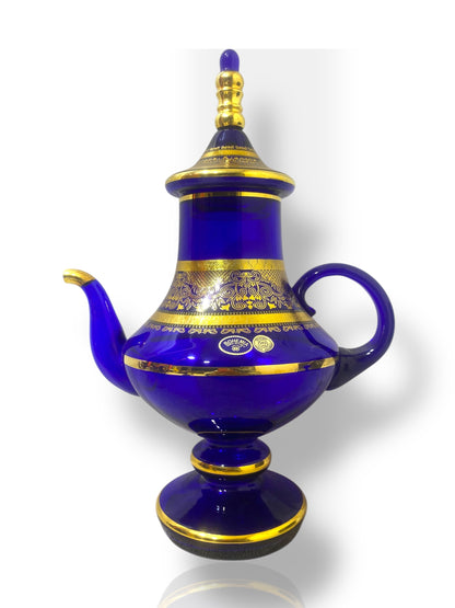 Rare Antique Bohemian Czech Cobalt Blue Crystal Tea Set — Hand-Painted 24k Gold, Original Box, Early 1900s