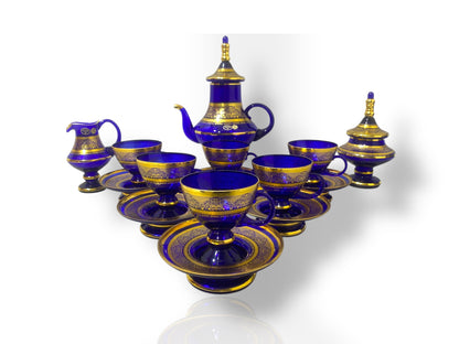Rare Antique Bohemian Czech Cobalt Blue Crystal Tea Set — Hand-Painted 24k Gold, Original Box, Early 1900s