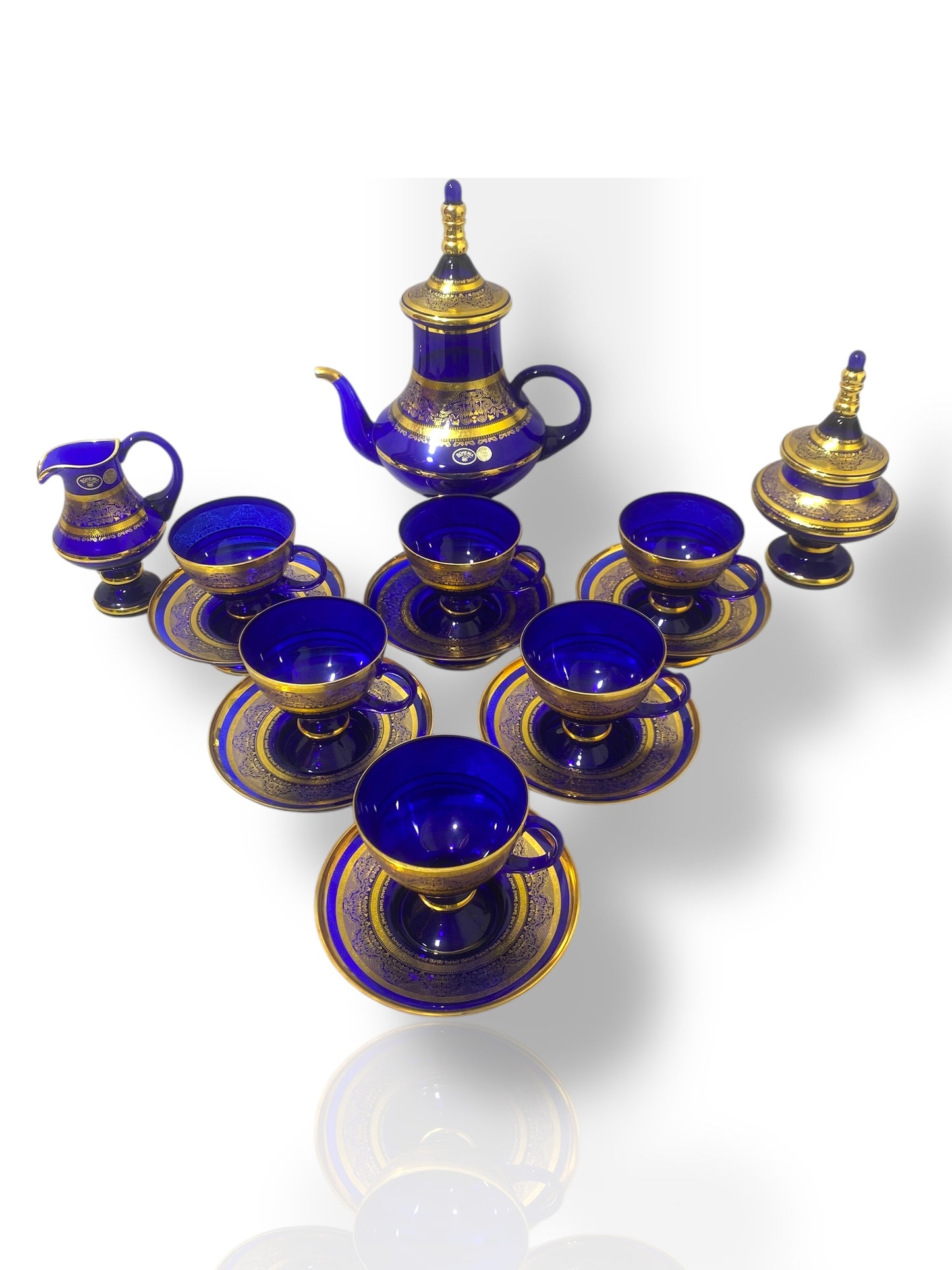 Rare Antique Bohemian Czech Cobalt Blue Crystal Tea Set — Hand-Painted 24k Gold, Original Box, Early 1900s