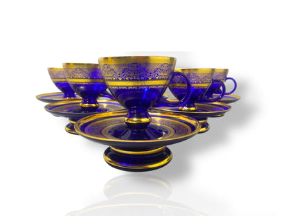 Rare Antique Bohemian Czech Cobalt Blue Crystal Tea Set — Hand-Painted 24k Gold, Original Box, Early 1900s