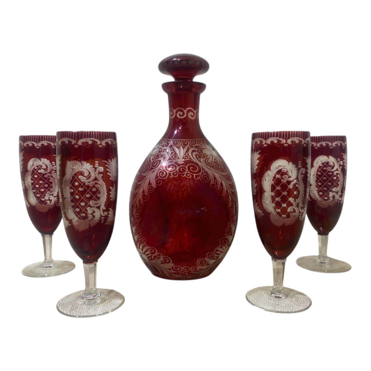 Authentic Vintage Egermann Bohemian Crystal Carafe Set – Rare 5-Piece Hand-Engraved Collection