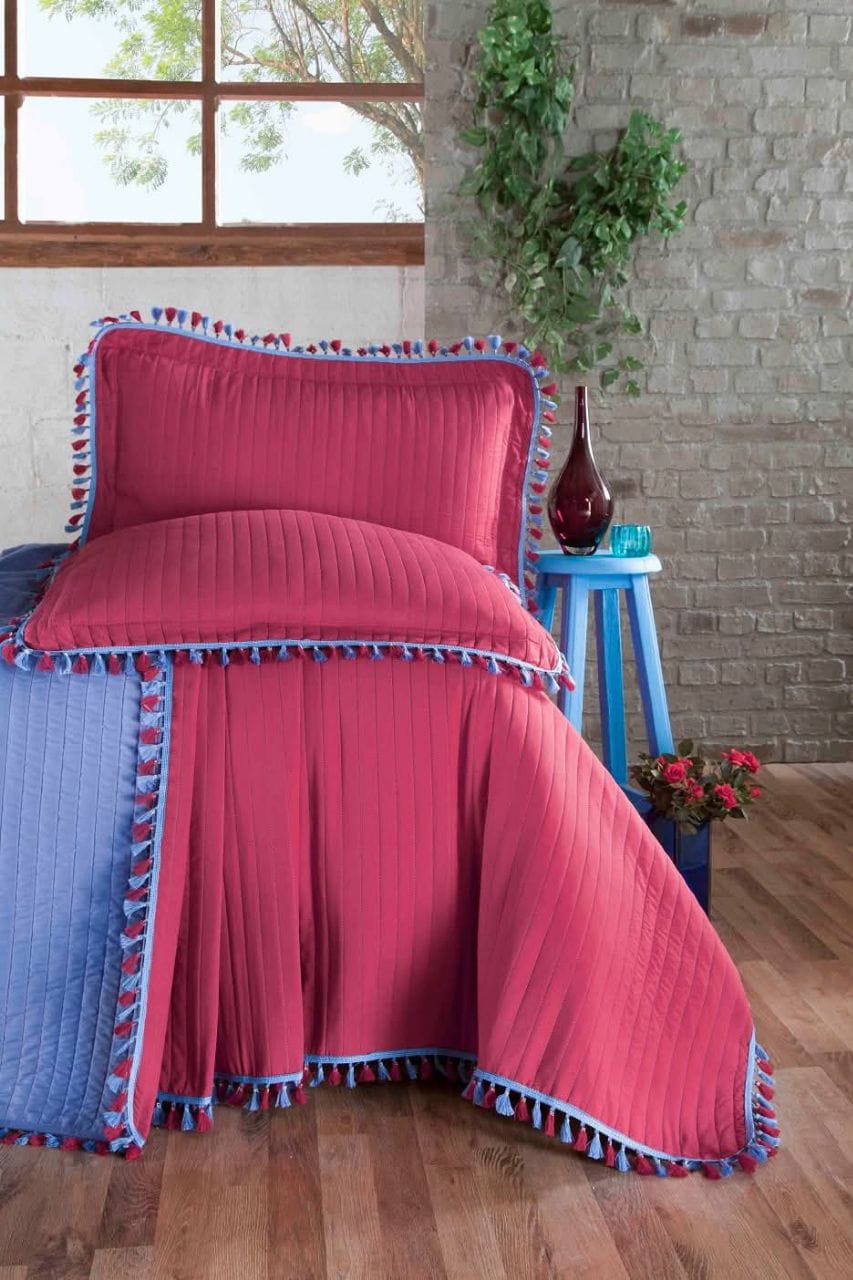 ELVEN Turkish Capitone Double-Face Cotton Coverlet Set with Two Cushions