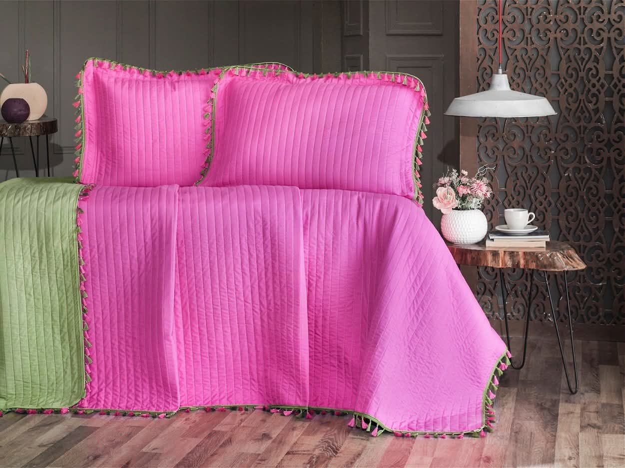 ELVEN Turkish Capitone Double-Face Cotton Coverlet Set with Two Cushions
