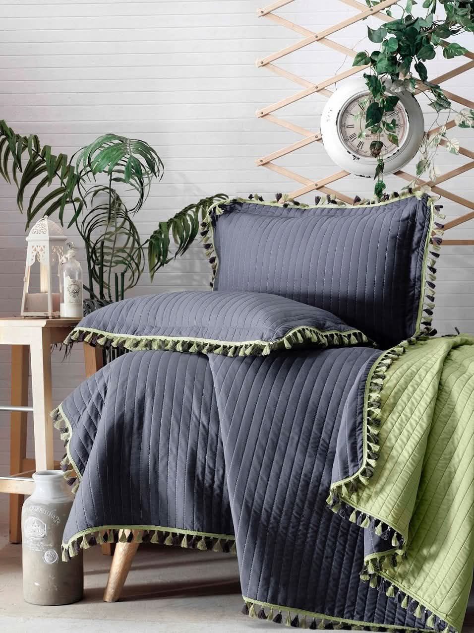 ELVEN Turkish Capitone Double-Face Cotton Coverlet Set with Two Cushions