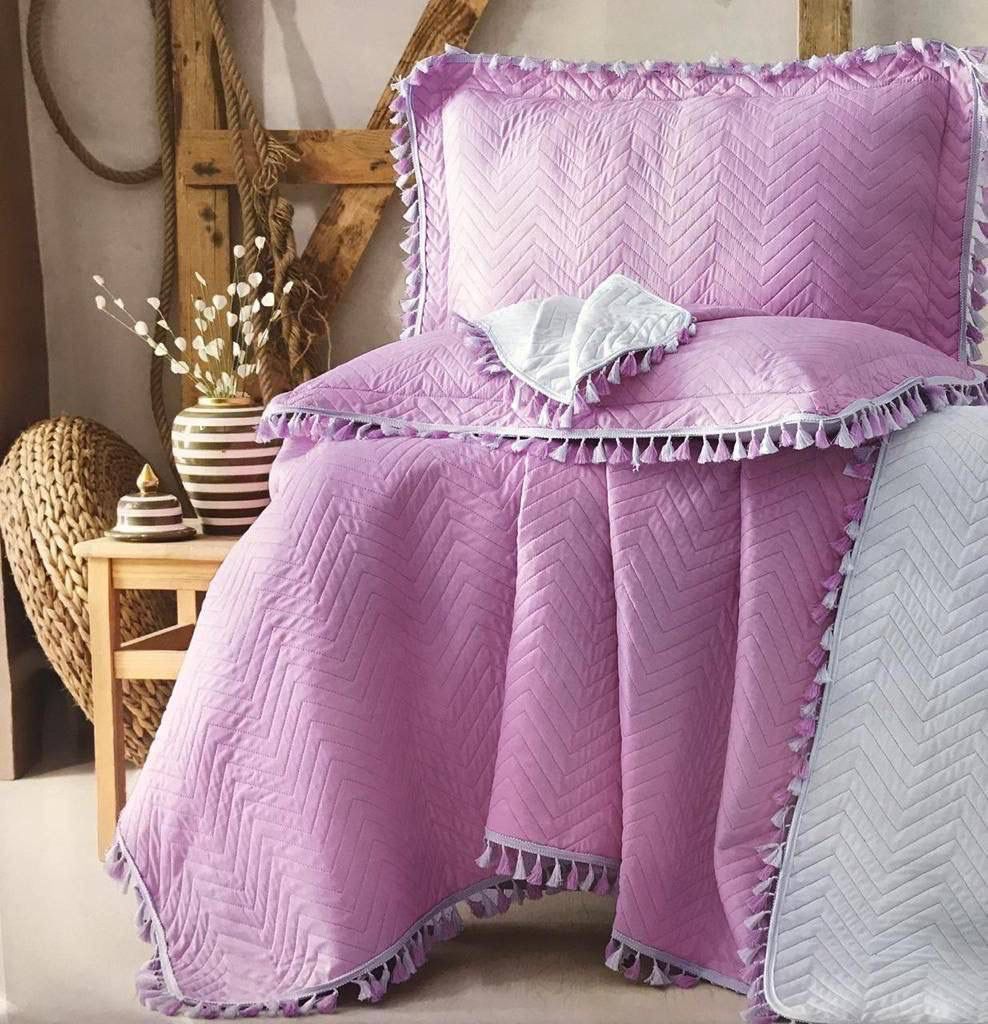 ELVEN Turkish Capitone Double-Face Cotton Coverlet Set with Two Cushions