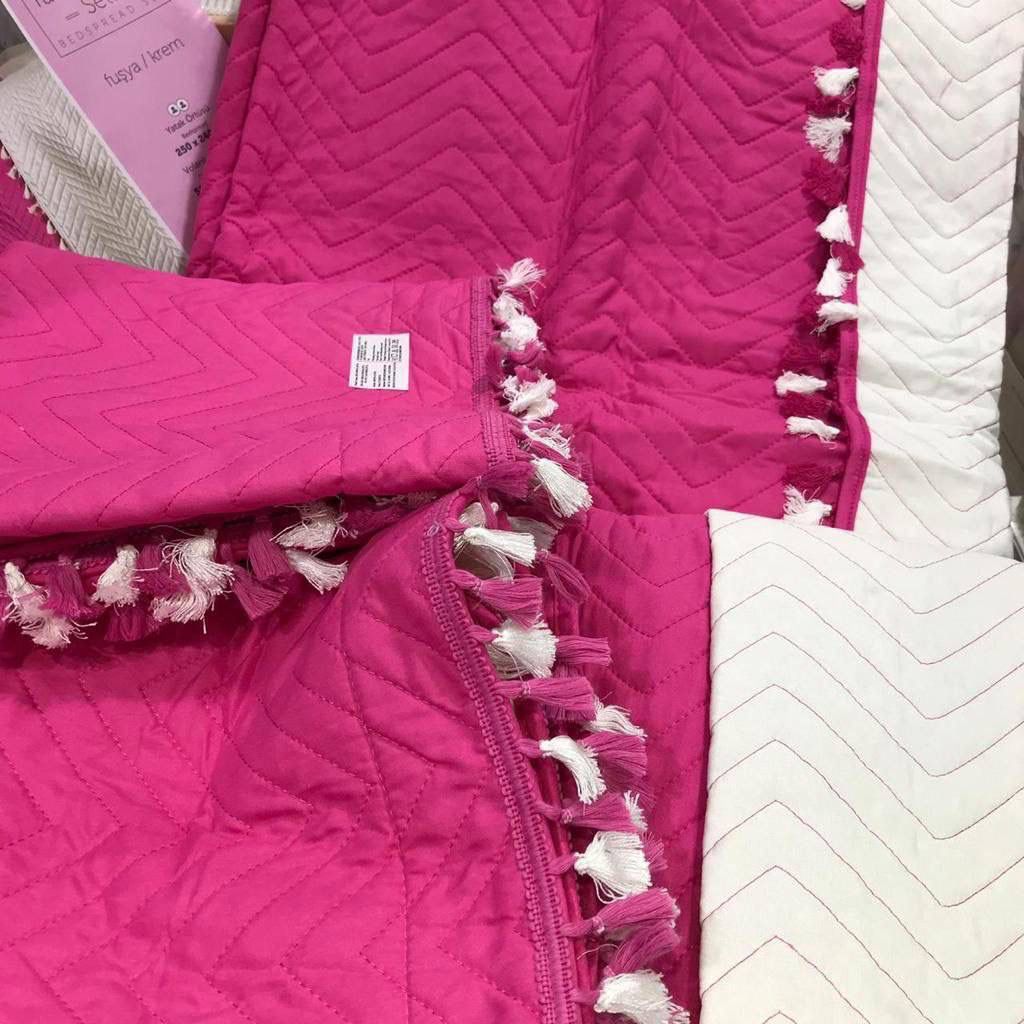ELVEN Turkish Capitone Double-Face Cotton Coverlet Set with Two Cushions
