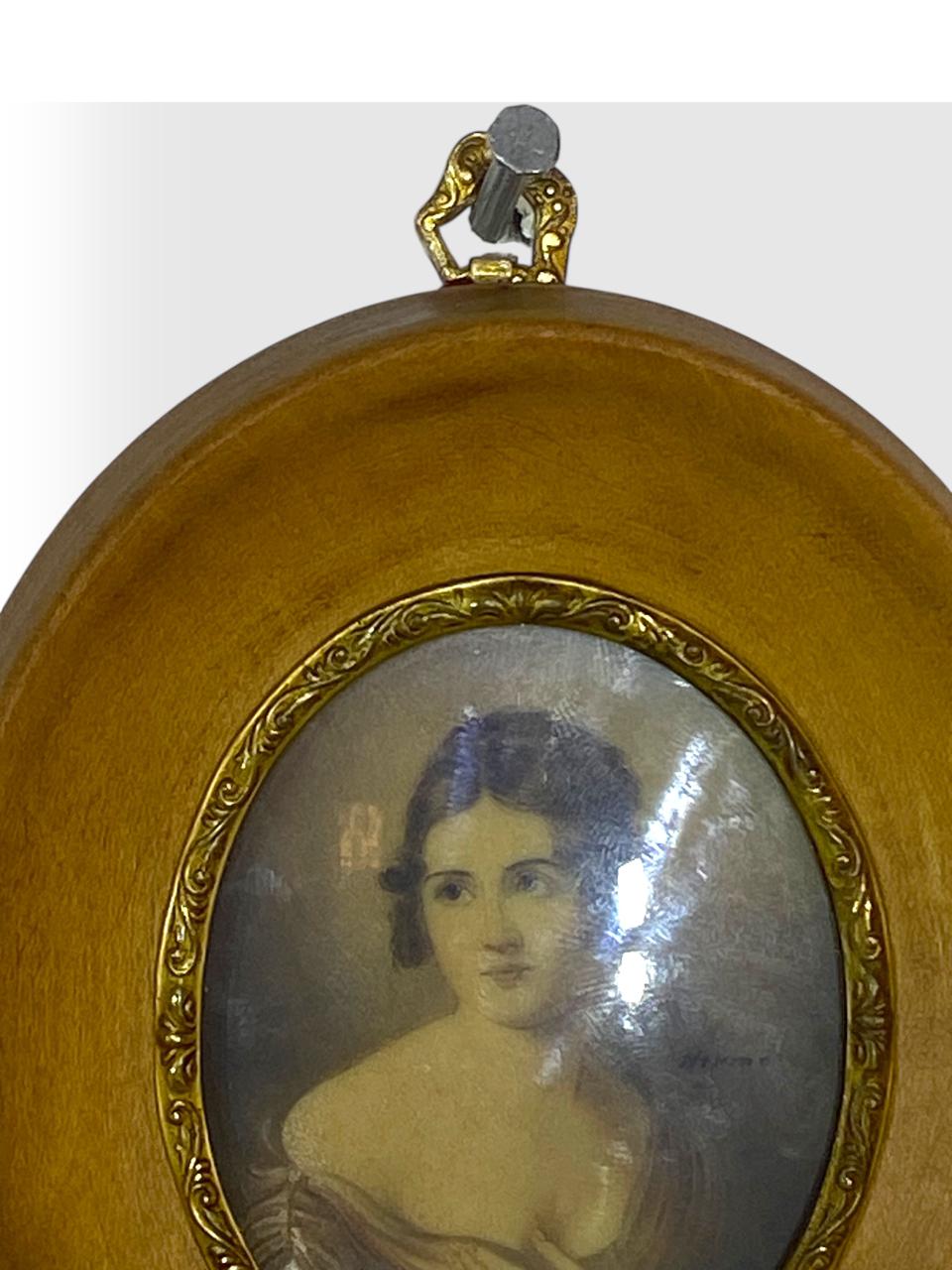 Pair of Original French Miniature Ivory Portraits – Oak & Bronze Frames