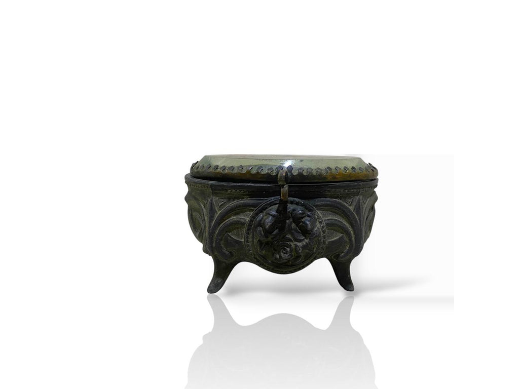 Antique Italian Mini Bonbonnière with Lid – Silver-Plated Bronze & Belgian Crystal