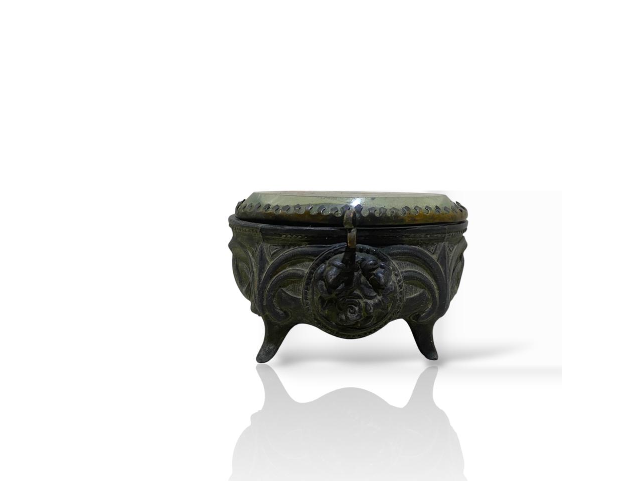 Antique Italian Mini Bonbonnière with Lid – Silver-Plated Bronze & Belgian Crystal