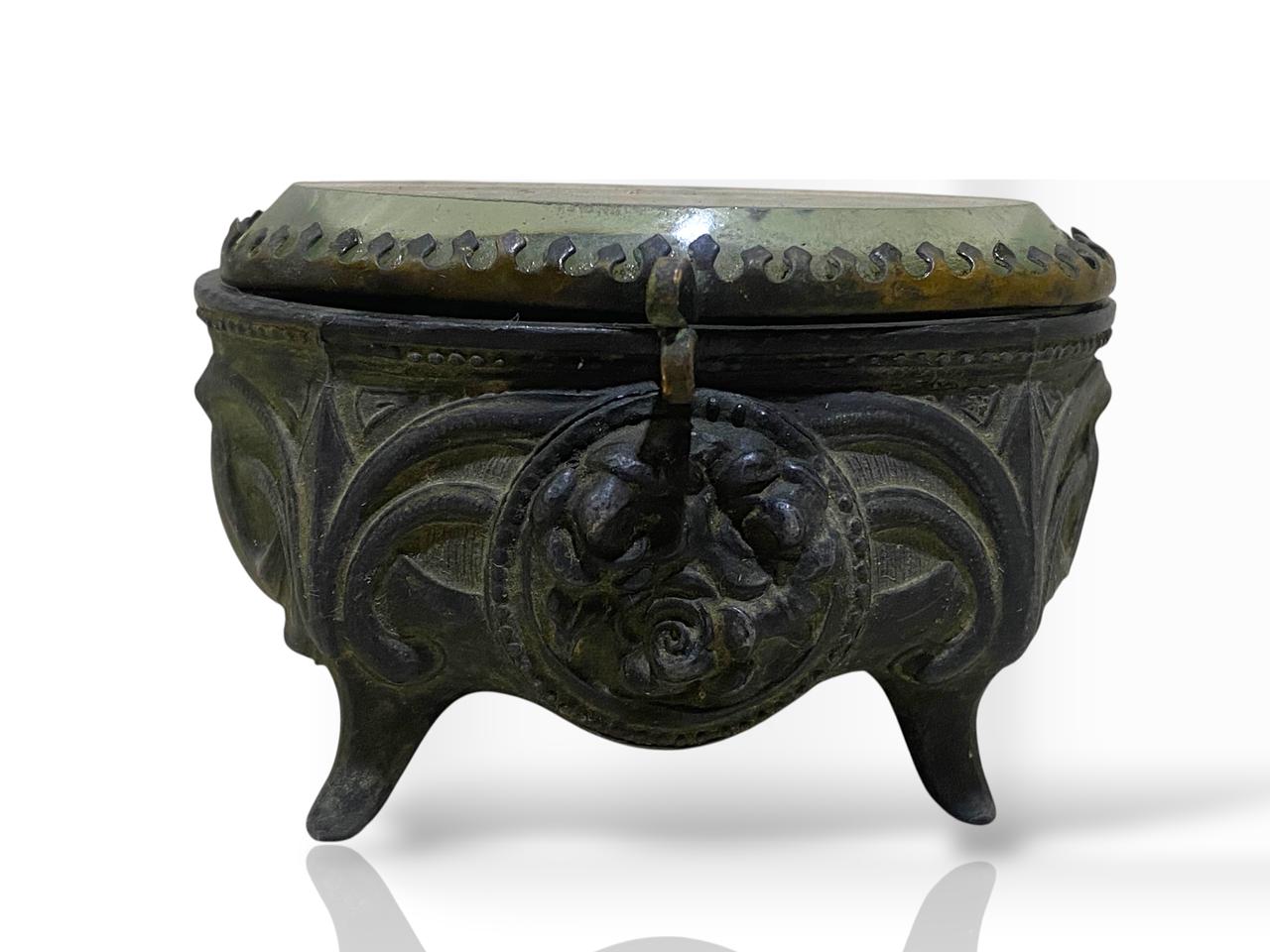 Antique Italian Mini Bonbonnière with Lid – Silver-Plated Bronze & Belgian Crystal