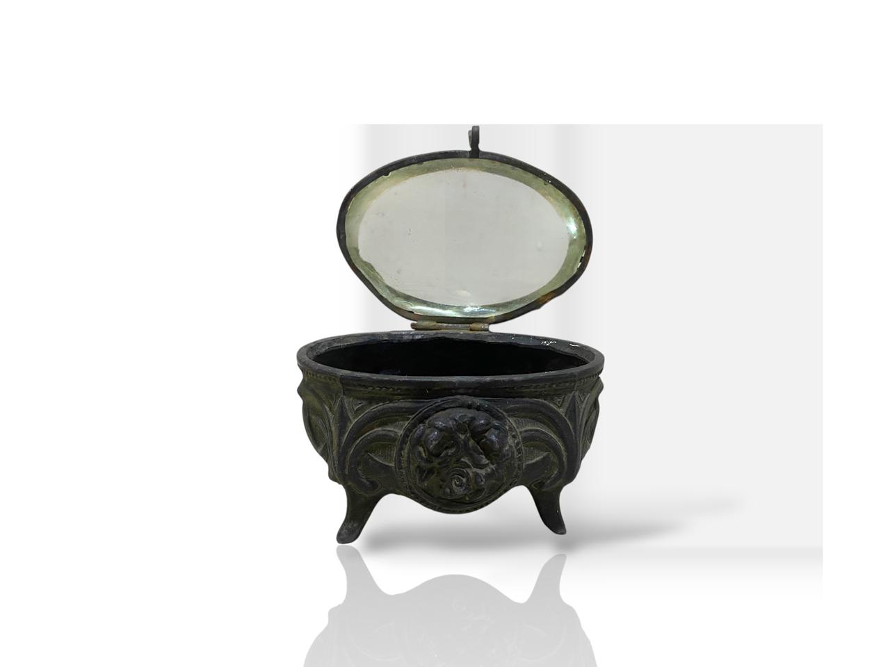 Antique Italian Mini Bonbonnière with Lid – Silver-Plated Bronze & Belgian Crystal