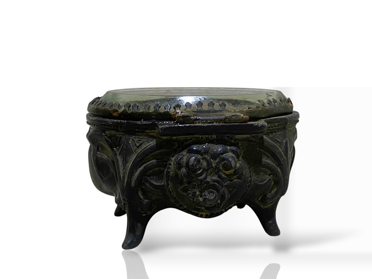 Antique Italian Mini Bonbonnière with Lid – Silver-Plated Bronze & Belgian Crystal