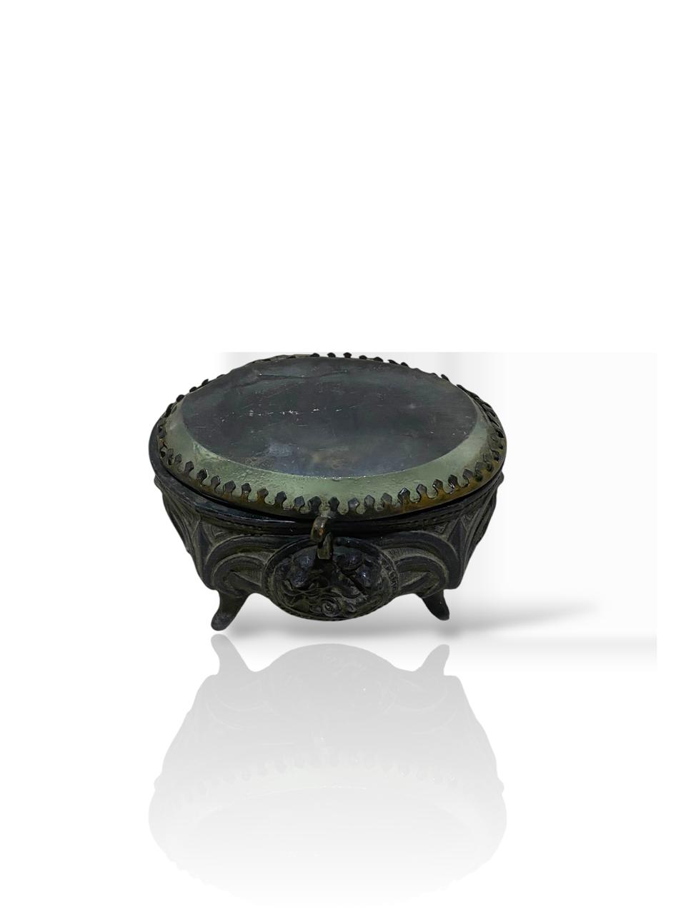 Antique Italian Mini Bonbonnière with Lid – Silver-Plated Bronze & Belgian Crystal