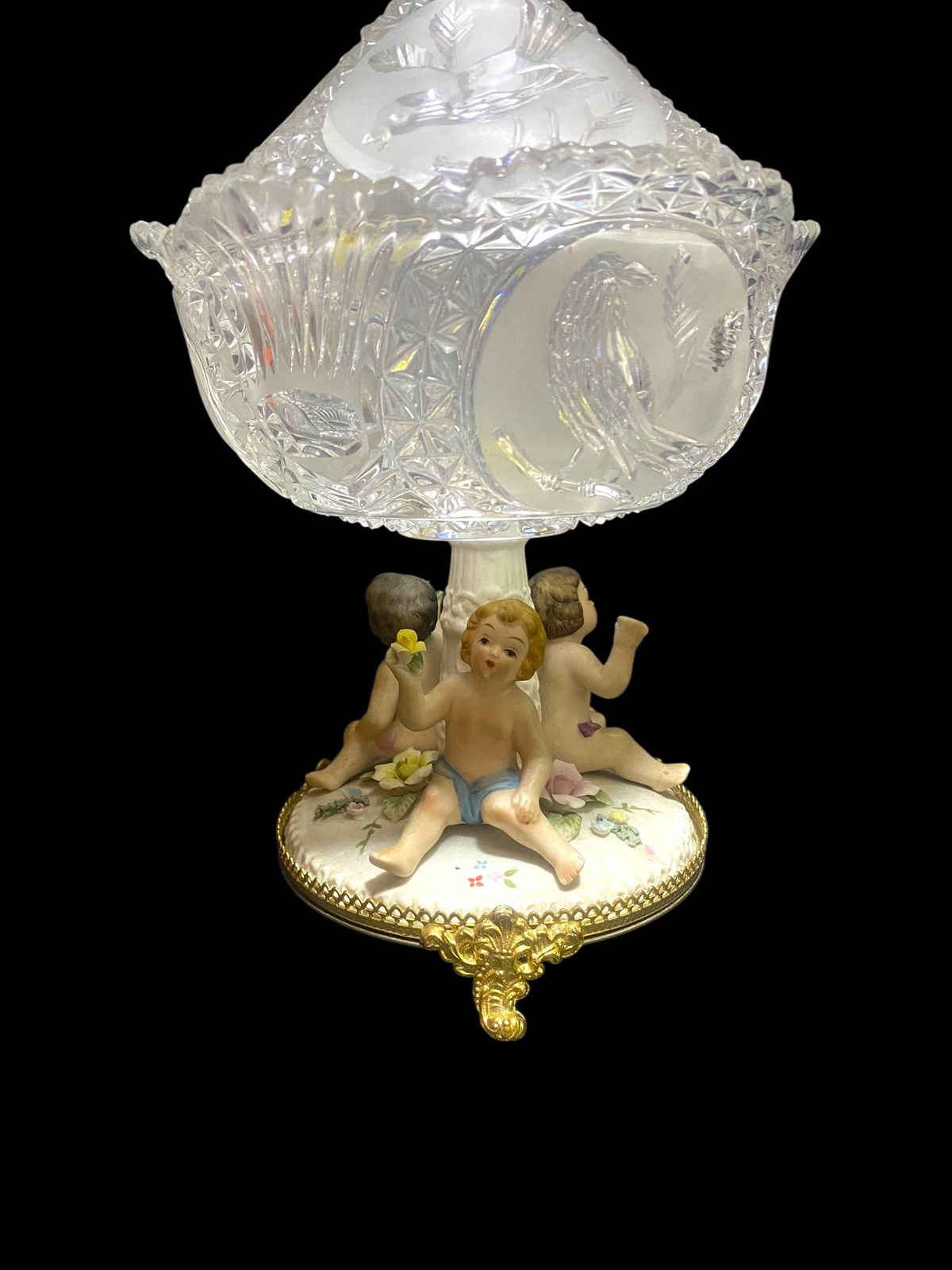 Antique Italian Bonbonniere with Lid — Hand-Engraved Czech Crystal and Capodimonte Porcelain Figures