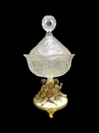 Antique Italian Bonbonniere with Lid — Hand-Engraved Czech Crystal and Capodimonte Porcelain Figures